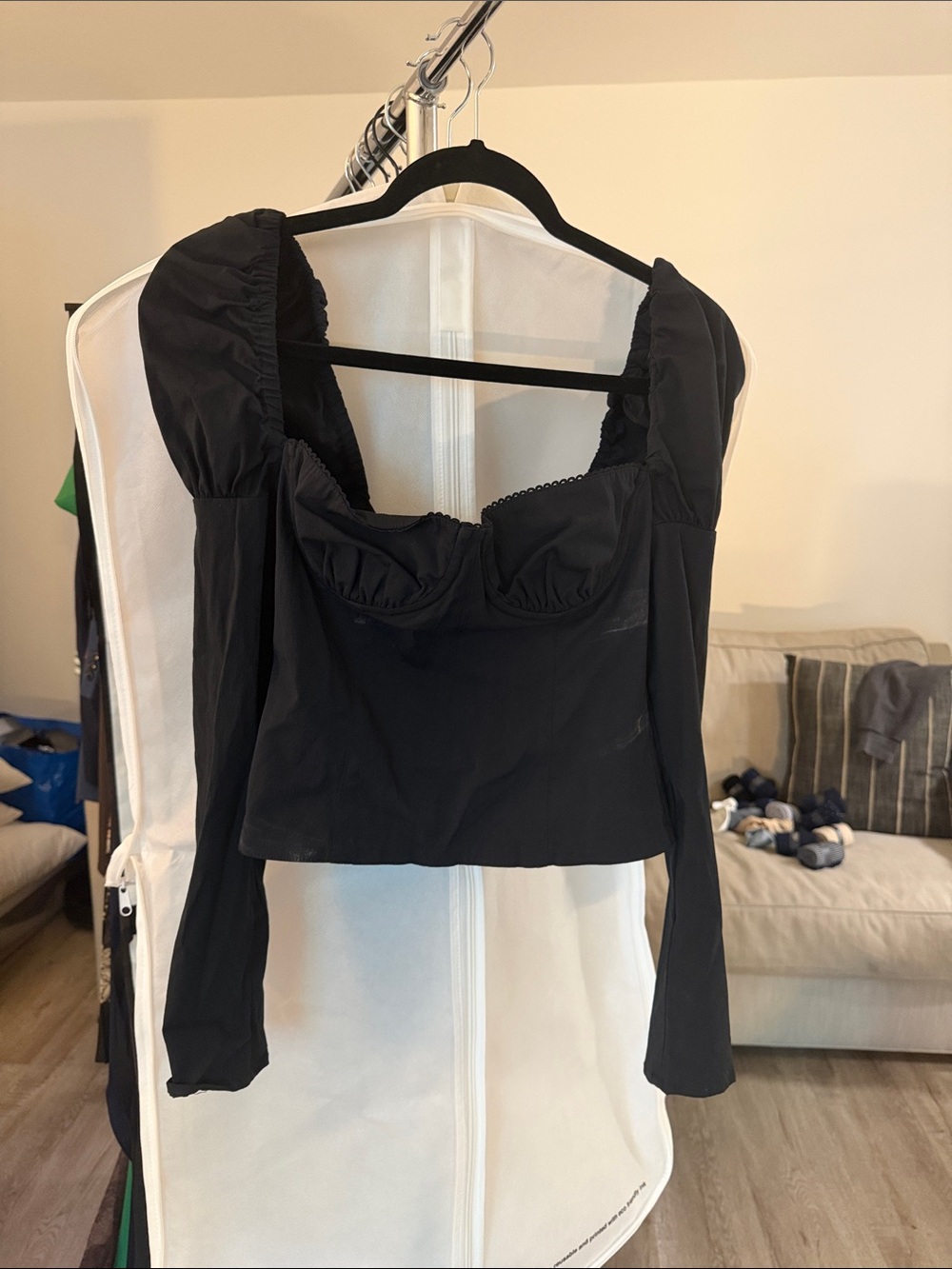Black Puff-Sleeve Bustier Top